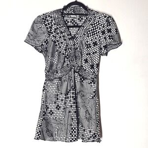 Vintage Y2K 6 Degrees Silky Babydoll Top Ruffle‎ Cap Sleeve Geometric Size M